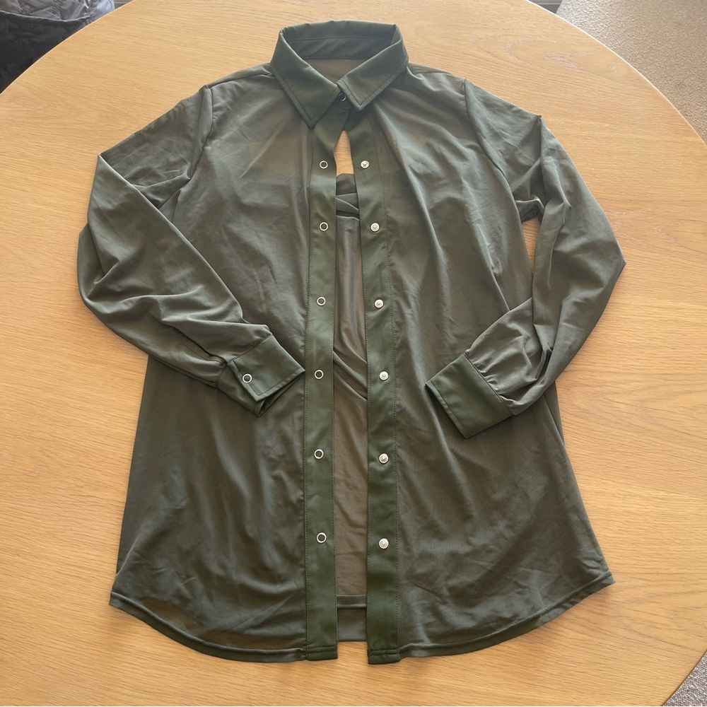 Weismann Olive Sheer Button-Up Blouse with leotard - Picture 7 of 8